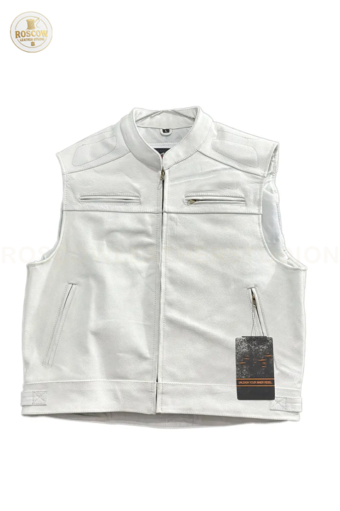 Premium men's leather biker vest by RoscowLeatherStudio, classic motorcycle style vest with front zipper and rugged design.