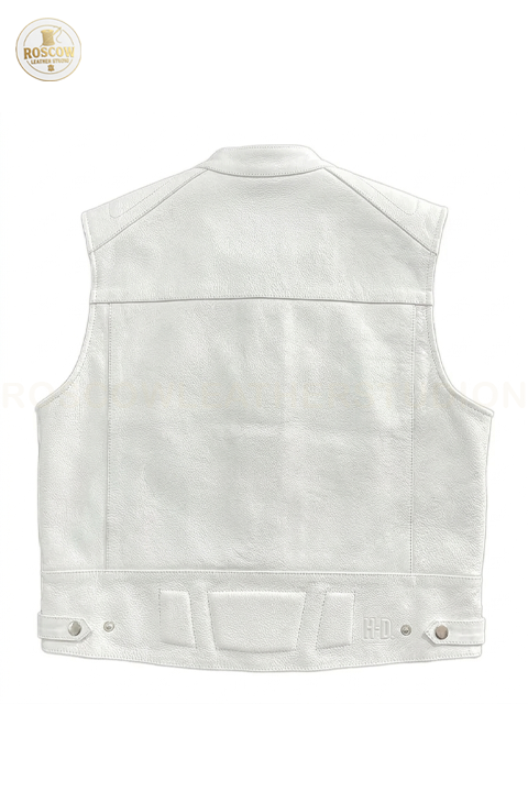 RoscowLeatherStudio premium men's leather biker vest with classic motorcycle style, featuring a rugged design and front zipper closure.