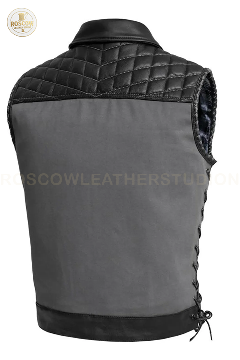 Men's genuine leather biker vest with heavy-duty design and concealed carry pockets, by RoscowLeatherStudio.