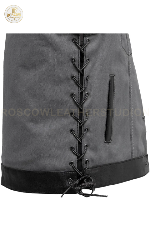 Men's genuine leather biker vest by RoscowLeatherStudio featuring heavy-duty design and concealed carry pockets.