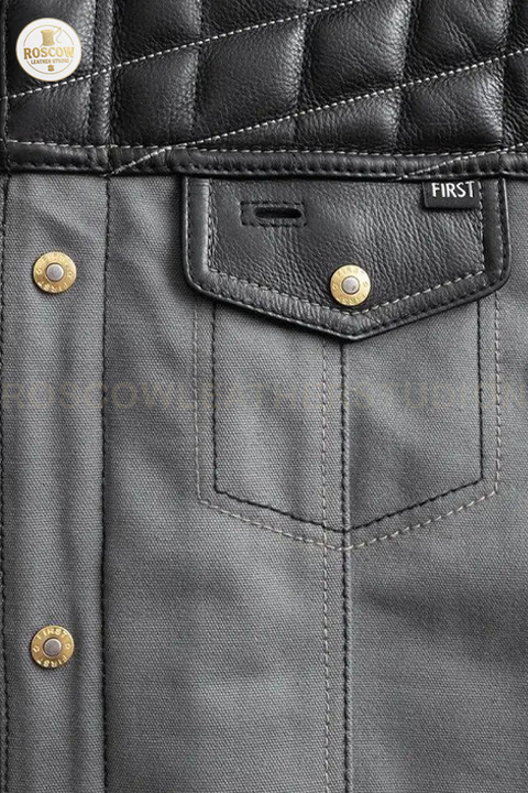 Men’s genuine leather biker vest with heavy-duty design and concealed carry pockets, crafted by RoscowLeatherStudio.