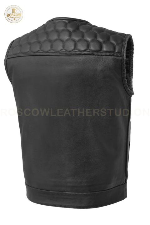 Genuine leather men's biker vest by RoscowLeatherStudio with front zipper and sleeveless design, set against a neutral background.