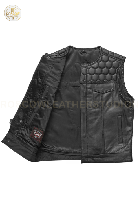 Genuine leather men's biker vest from RoscowLeatherStudio featuring a classic design with front zipper and stylish details.