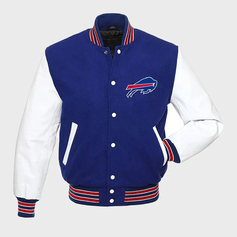 Blue and white varsity jacket with a logo on a light gray background