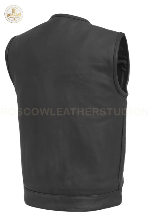 Men’s black leather motorcycle vest by RoscowLeatherStudio with club style cut, biker design, and concealed carry pockets.