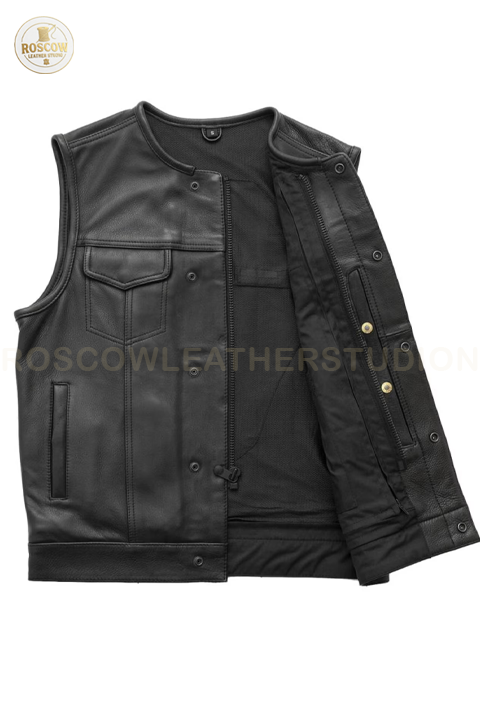 Men’s black leather motorcycle vest by RoscowLeatherStudio with biker cut and concealed carry pockets, made from durable cowhide.