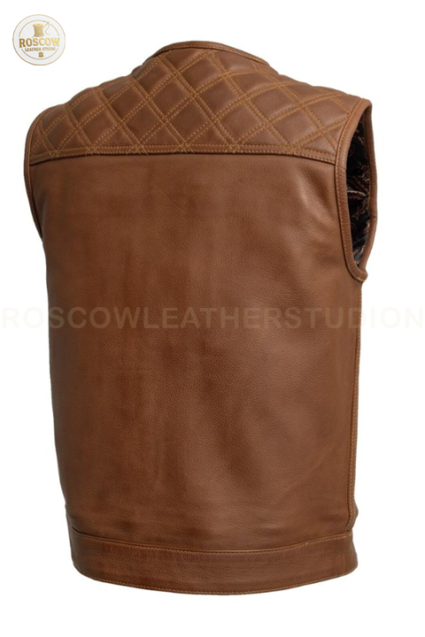 Men's black leather motorcycle vest by RoscowLeatherStudio with biker club style and concealed carry pockets, front zipper closure.