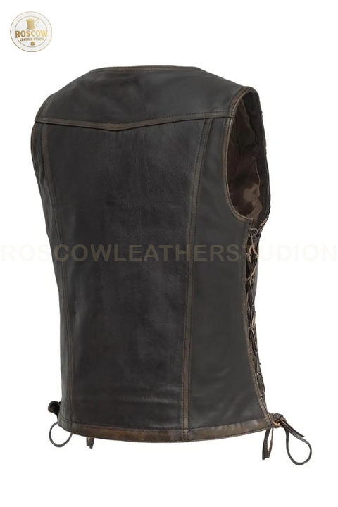 Brown beige women's motorcycle leather vest by RoscowLeatherStudio, featuring cowhide material and a stylish riding vest design.