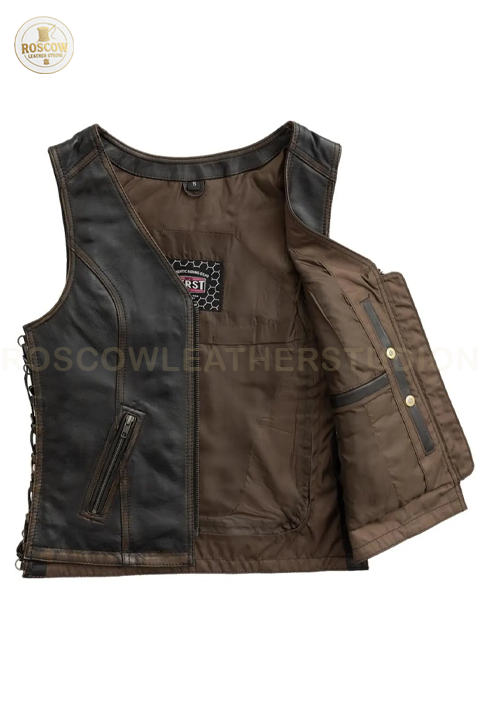 Brown beige women's motorcycle leather vest by RoscowLeatherStudio, made from cowhide, featuring a stylish riding vest design.