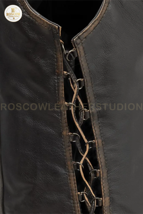 Women's brown beige cowhide motorcycle vest by RoscowLeatherStudio with front zipper and adjustable straps.