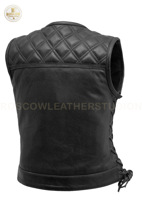 Women's perforated leather motorcycle vest with diamond quilt pattern by RoscowLeatherStudio, featuring a stylish biker vest design.