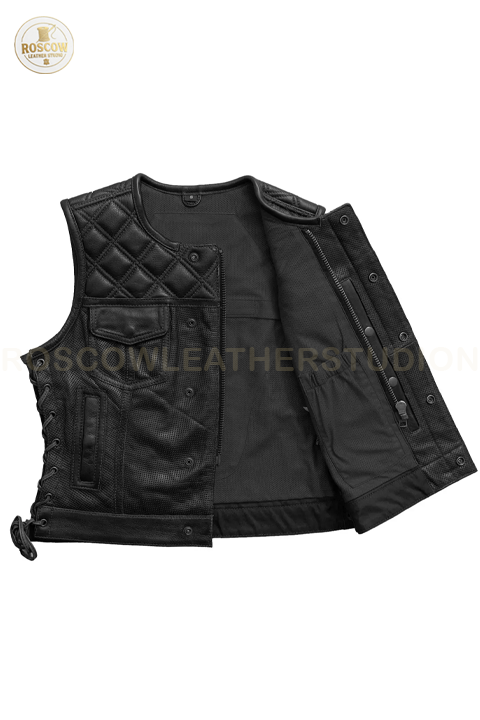 Women's perforated leather motorcycle vest with diamond quilt pattern by RoscowLeatherStudio, featuring stylish biker design.