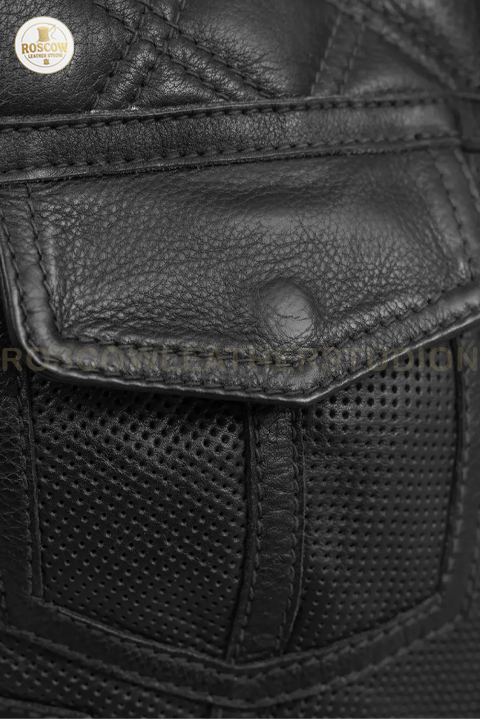 Women's perforated leather motorcycle vest with diamond quilt detailing by RoscowLeatherStudio, designed for biker style and comfort.