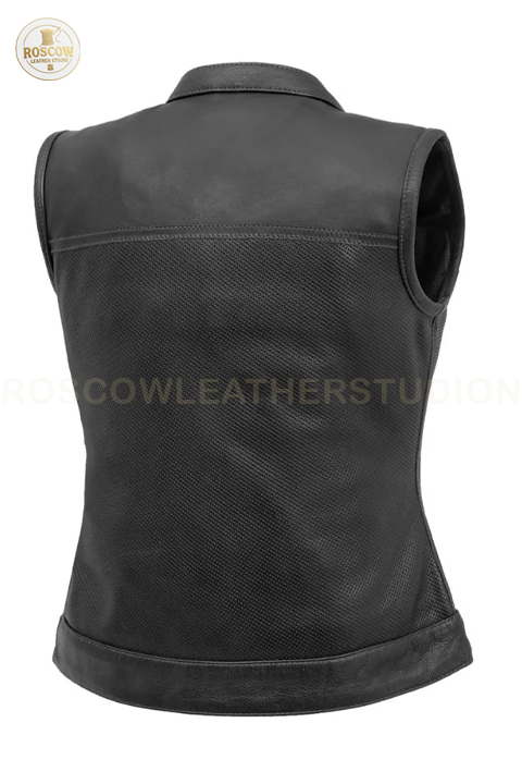 Women's perforated leather motorcycle vest by RoscowLeatherStudio, featuring a stylish biker club design with perforated details.
