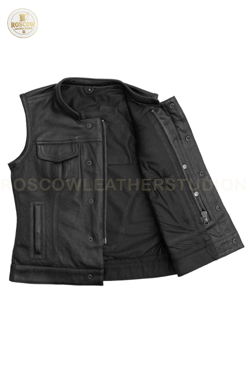Women's perforated leather motorcycle vest by RoscowLeatherStudio, featuring a biker club style with perforated design and rugged details.