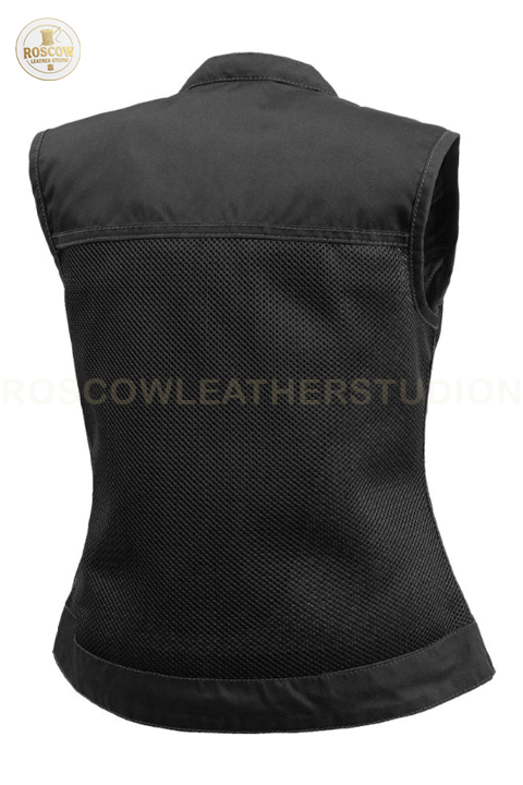 Jessica Moto Mesh Women's Motorcycle Vest by RoscowLeatherStudio featuring a stylish black mesh design for riding and casual wear.