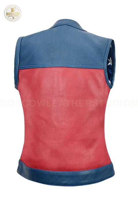 Freedom Belle women's motorcycle leather vest by RoscowLeatherStudio, featuring classic black leather with silver hardware.