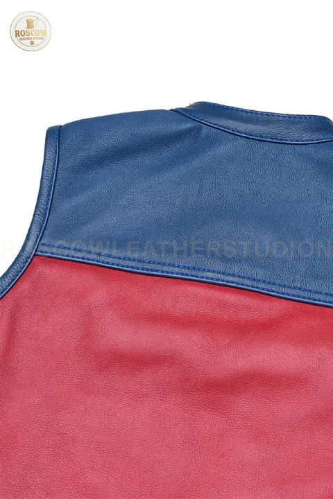 RoscowLeatherStudio Freedom Belle women's motorcycle leather vest with front zipper and stylish design, on a hanger.