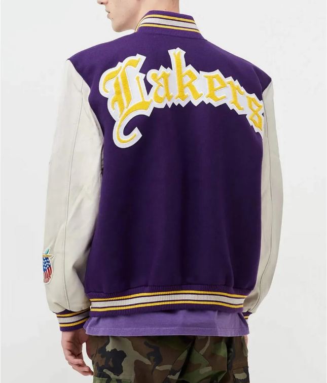 LA Lakers Letterman Purple Wool and White Leather Jacket TheJacketFactory