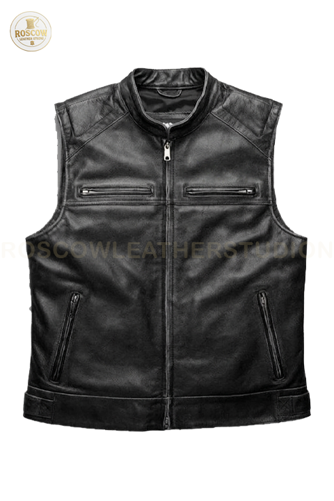 Men's Premium Mandarin Collar Leather Biker Vest