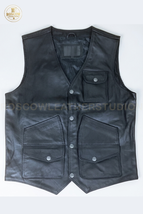 Men's Traditional V-Neck Cowhide Leather Biker Vest