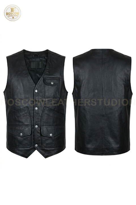 Men's Traditional V-Neck Cowhide Leather Biker Vest