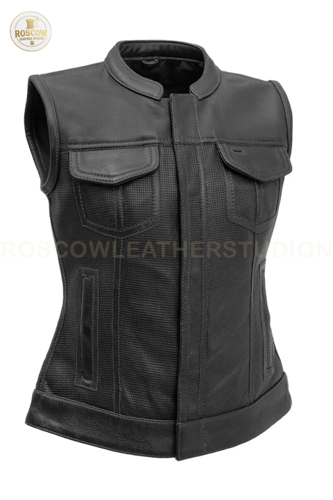 Perforated Leather Motorcycle Vest: Women's Biker Club Style