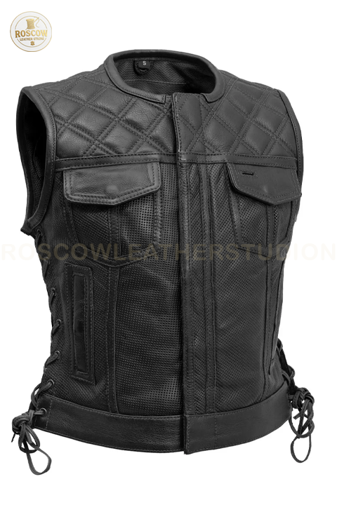 Perforated Leather Motorcycle Vest: Women's Diamond Quilt Biker Vest