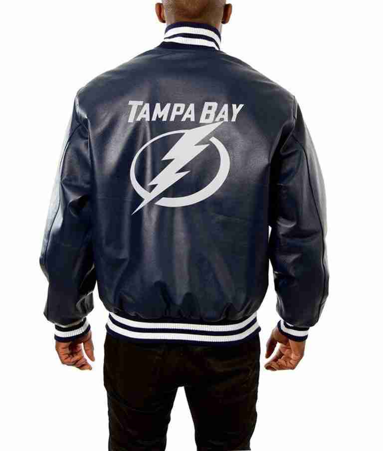 Tampa Bay Lightning Varsity Navy Blue Leather Jacket TheJacketFactory
