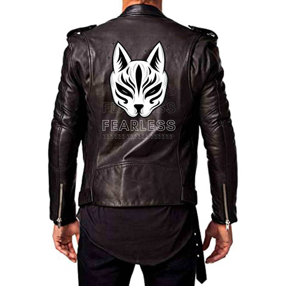 Men's black and white modern leather jacket with a fearless design, featuring sleek style and detailed craftsmanship from TheJacketFactory.