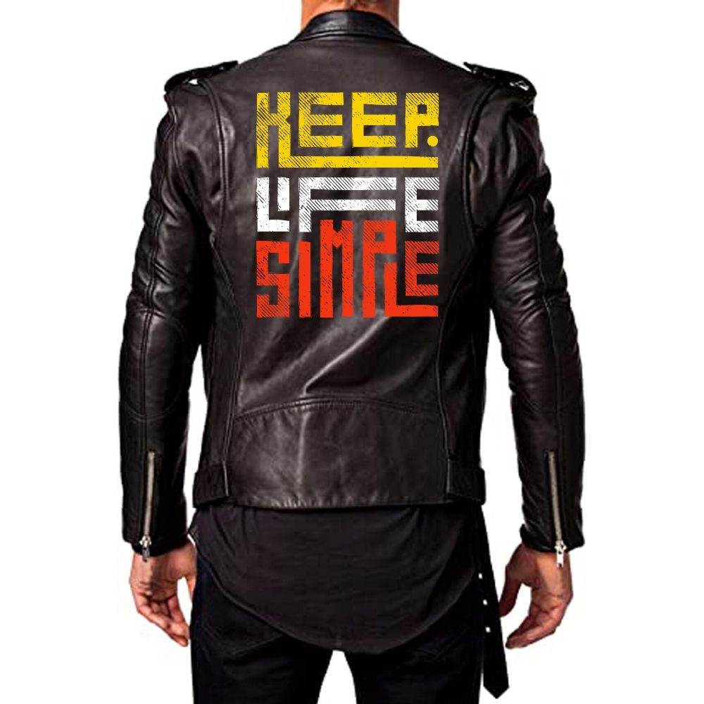 Men's Keep Life Simple leather jacket by TheJacketFactory, featuring classic design and smooth brown leather, shown on a hanger.
