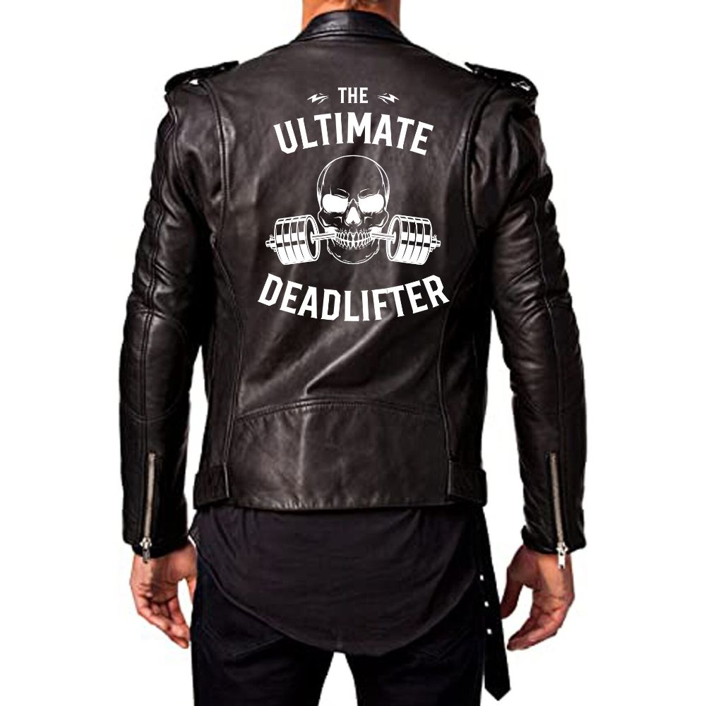 Men's The Ultimate Deadlifter Leather Jacket by TheJacketFactory, featuring a sleek black design with detailed stitching and classic collar.