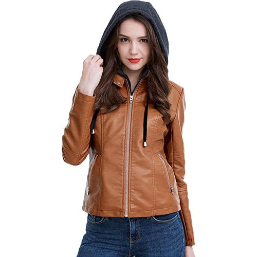 Women's Fasbric Leather Jackets  Biker with Remove Hoodie TheJacketFactory