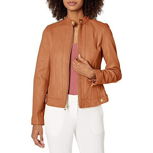 Women's Leather Racer  with Quilted Panels Jacket TheJacketFactory