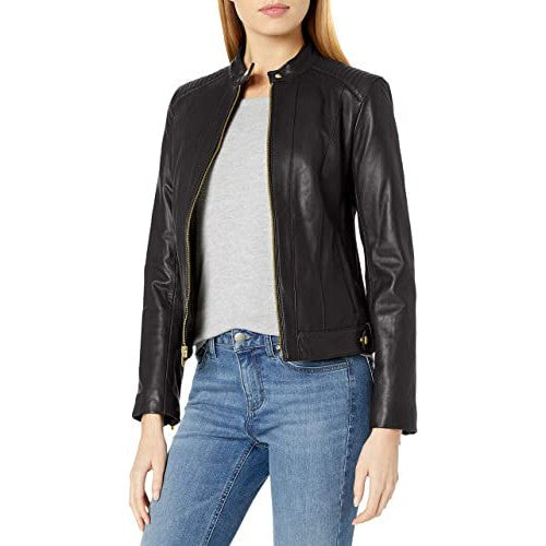 Women's Leather Racer  with Quilted Panels Jacket TheJacketFactory