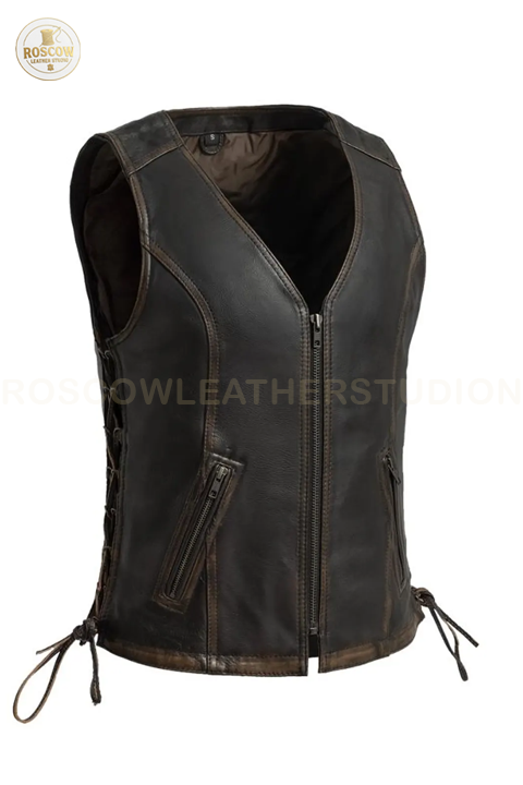 Women's Motorcycle Leather Vest: Brown Beige Cowhide Riding Vest