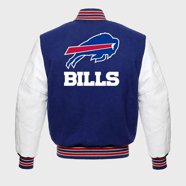 Blue and white letterman jacket with 'Bills' logo on a gray background