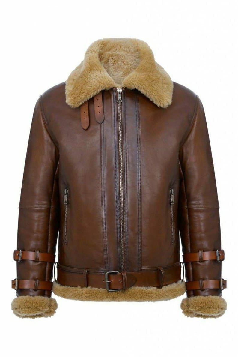 Men's Aviator Pilot Bomber RAF B3 WWII Fur Sheepskin Leather Jacket