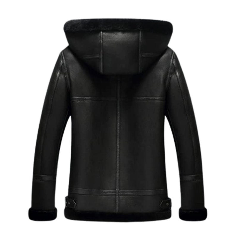Mens B3 Bomber Aviator Flying Flight Pilot Black Hooded Fur Shearling Jacket