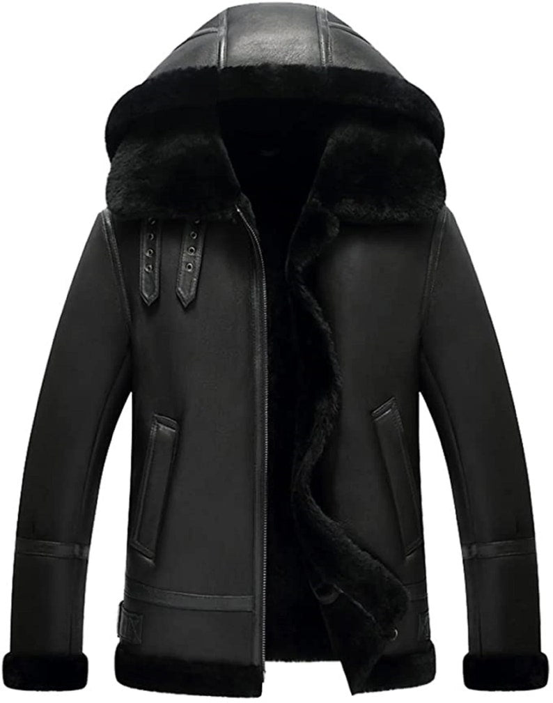 Mens B3 Bomber Aviator Flying Flight Pilot Black Hooded Fur Shearling Jacket