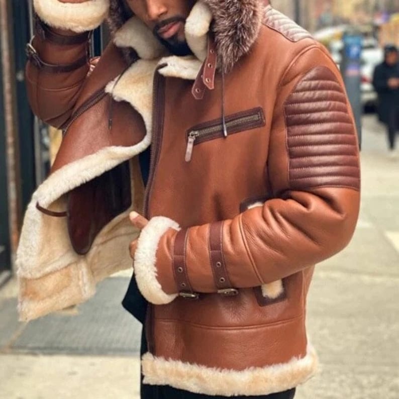 Men's RAF B3 Bomber Raccoon Hooded Fur Aviator Real Shearling WWII Flying Pilot Jacket