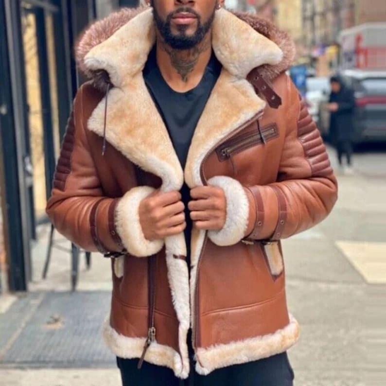 Men's RAF B3 Bomber Raccoon Hooded Fur Aviator Real Shearling WWII Flying Pilot Jacket