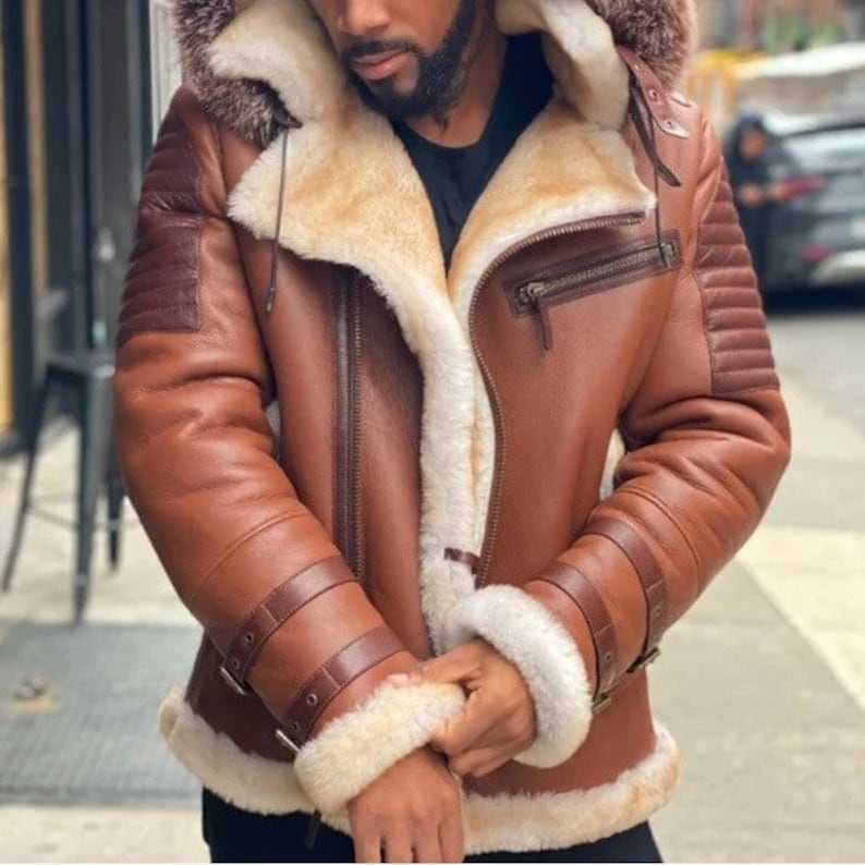 Men's RAF B3 Bomber Raccoon Hooded Fur Aviator Real Shearling WWII Flying Pilot Jacket