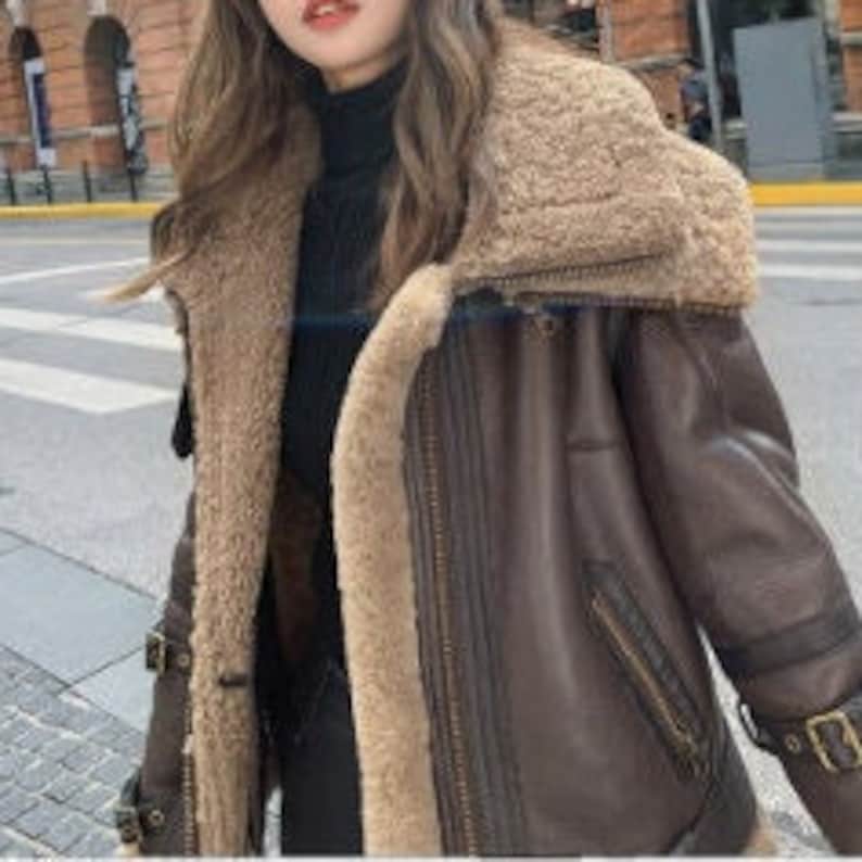 Women's Double Collared Aviator Winter Shearling Jacket