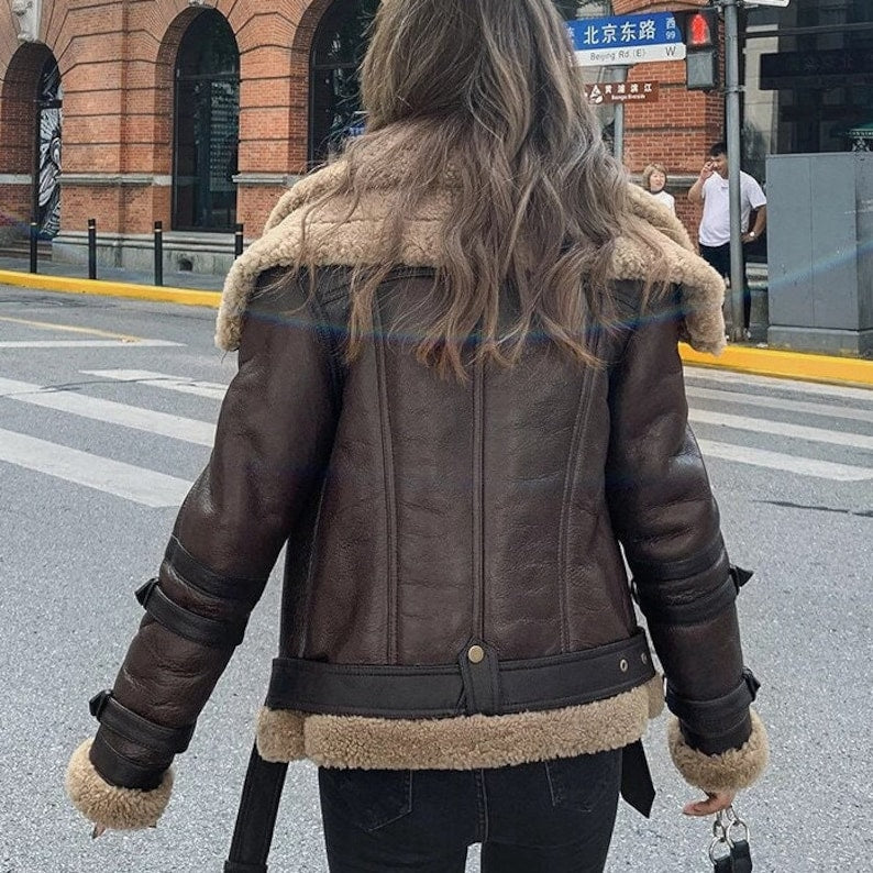 Women's Double Collared Aviator Winter Shearling Jacket