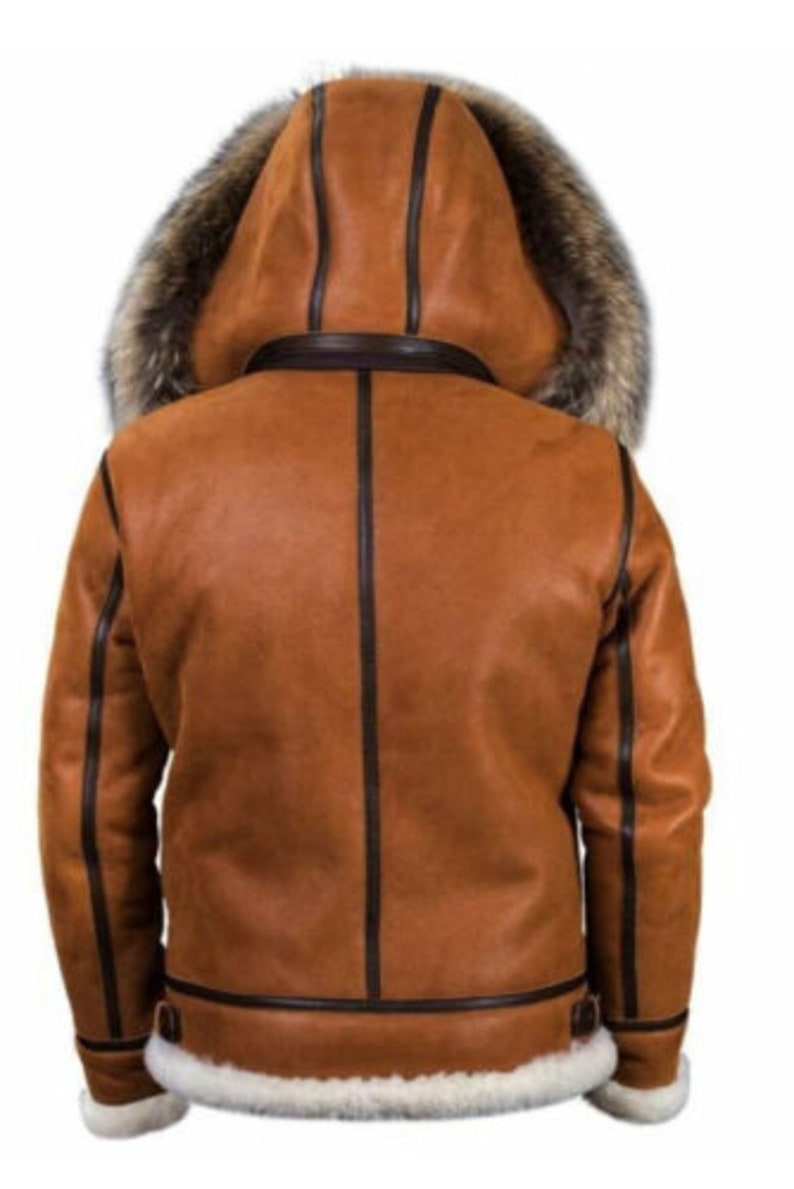 Men's Brown B3 Fur Bomber Shearling Leather Pilot Flying Aviation Sheepskin Leather Hood Bomber Jacket