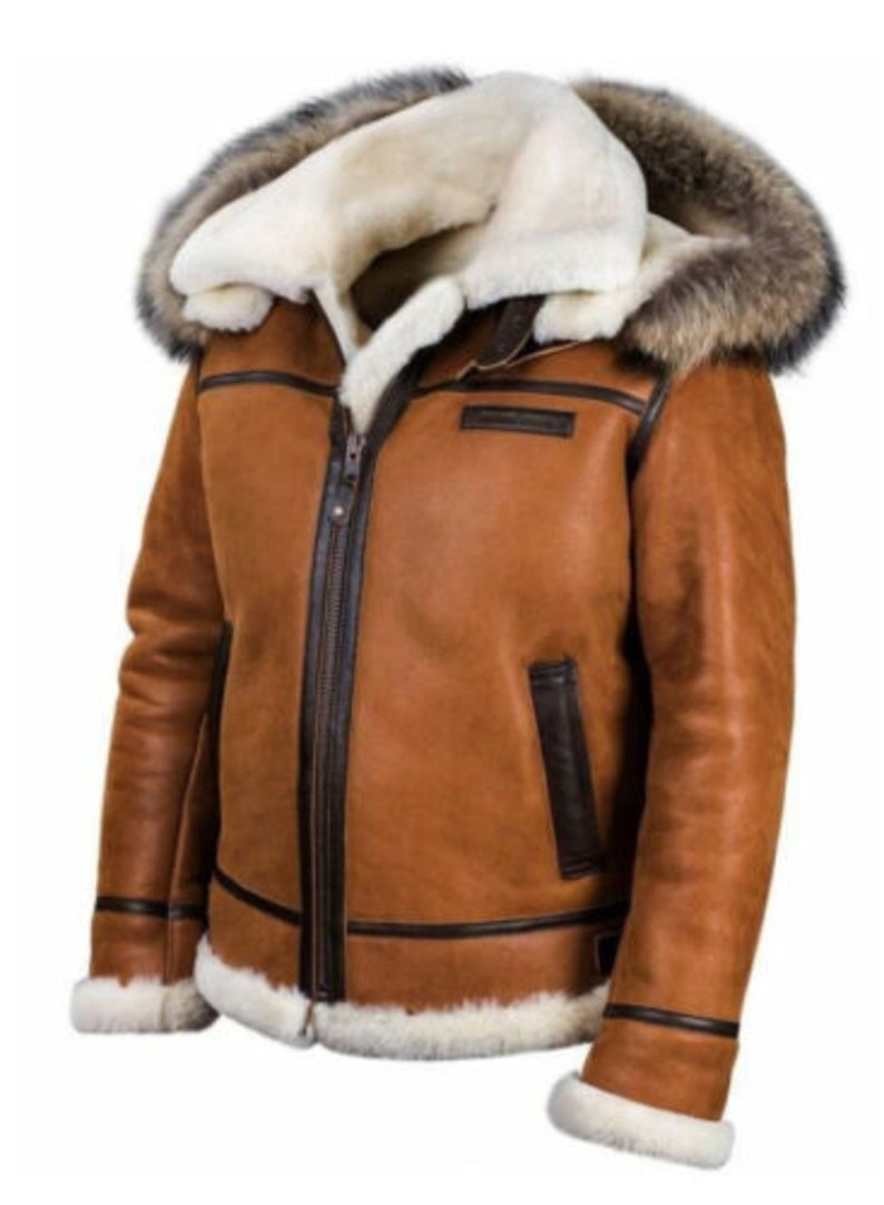 Men's Brown B3 Fur Bomber Shearling Leather Pilot Flying Aviation Sheepskin Leather Hood Bomber Jacket