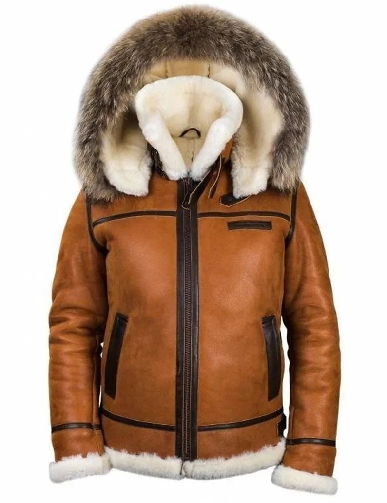 Men's Brown B3 Fur Bomber Shearling Leather Pilot Flying Aviation Sheepskin Leather Hood Bomber Jacket