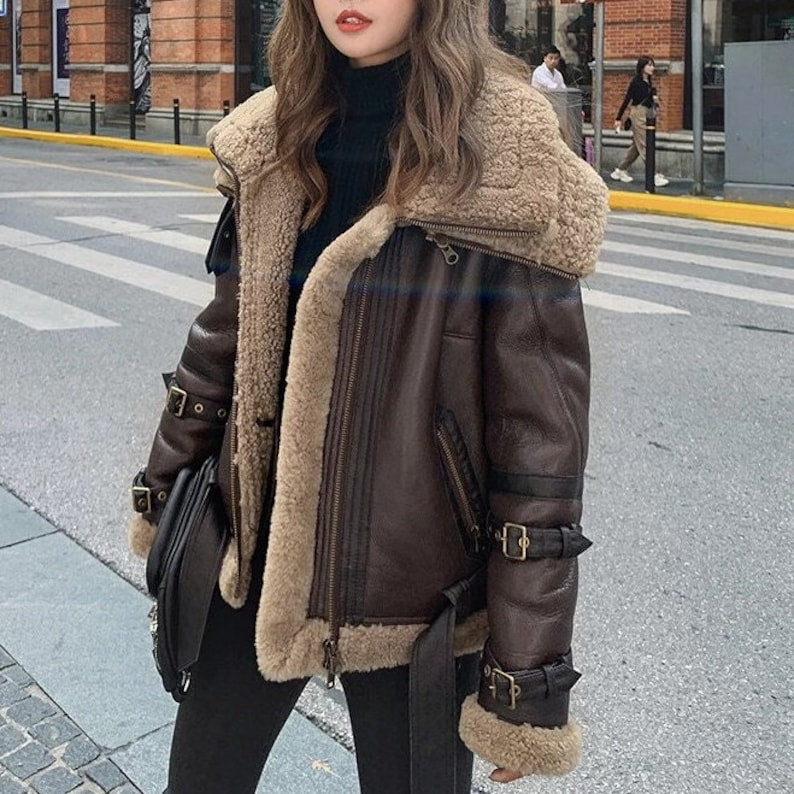 Women's Double Collared Aviator Winter Shearling Jacket