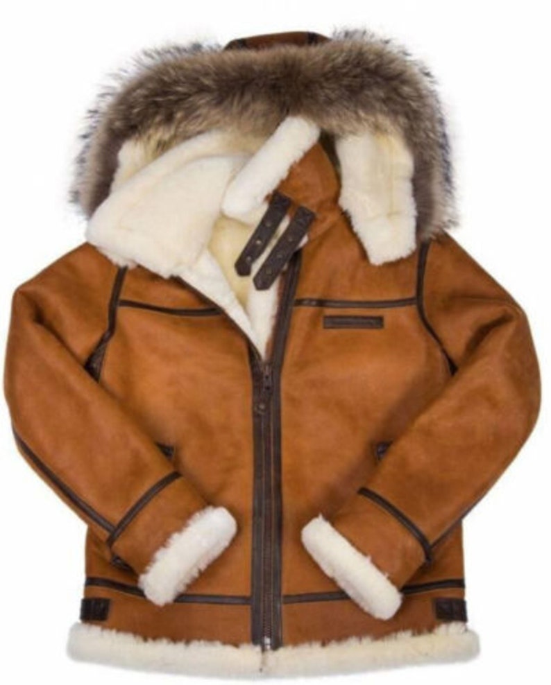 Men's Brown B3 Fur Bomber Shearling Leather Pilot Flying Aviation Sheepskin Leather Hood Bomber Jacket